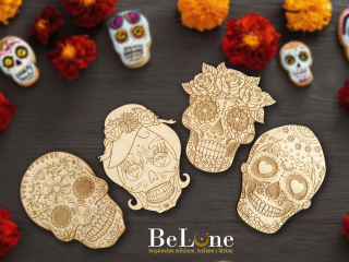 Dřevěné lebky – sada 4 dekorací Día de los Muertos